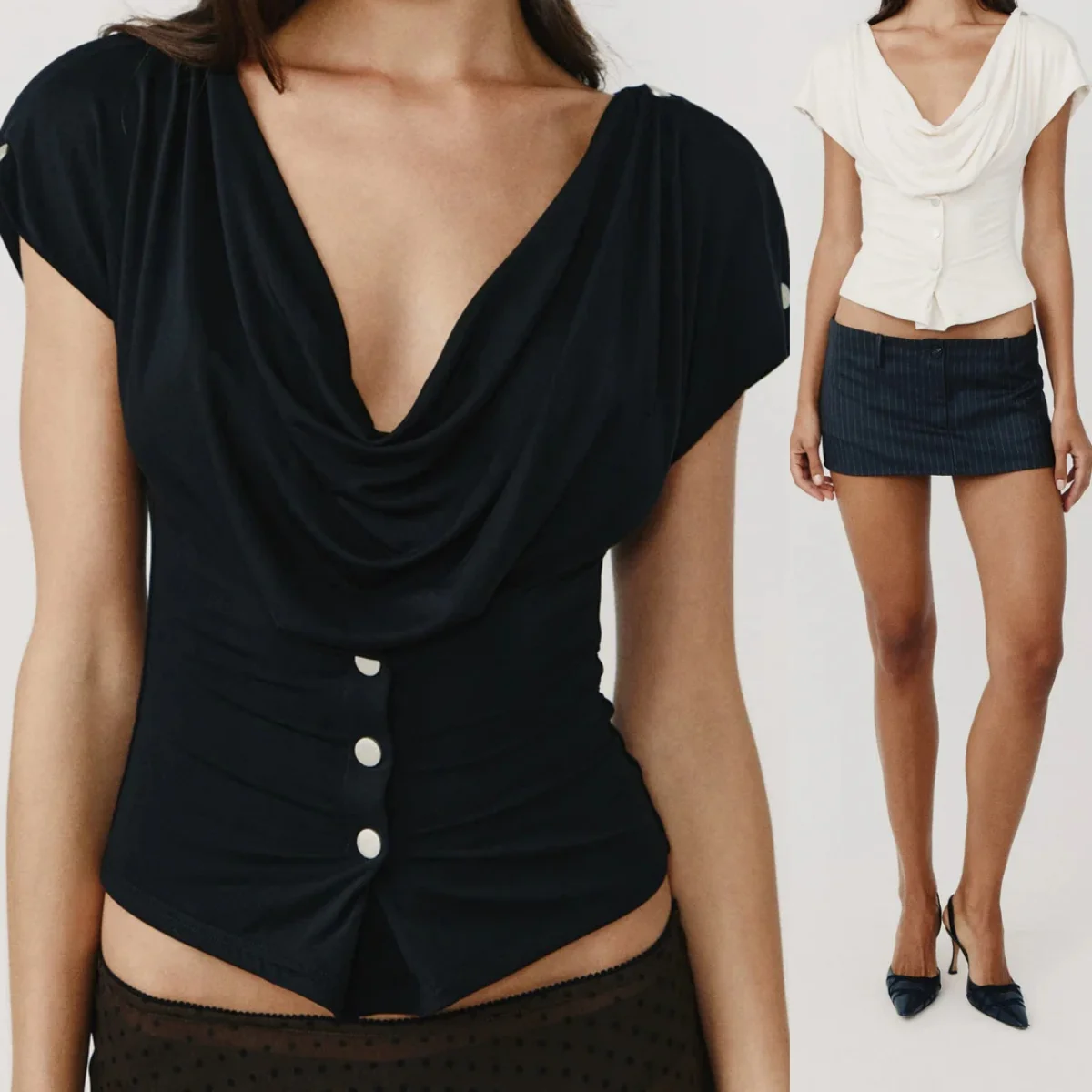 

Wj French-Style Draped Collar Waist-Cinching Short-Sleeve Top, Black Slim-Fit Flutter-Sleeve Base Shirt with Button Design, Slimming T-Shirt, Two-Way Wear Off-Shoulder, Drapey Waist-Cinching Slimming Top