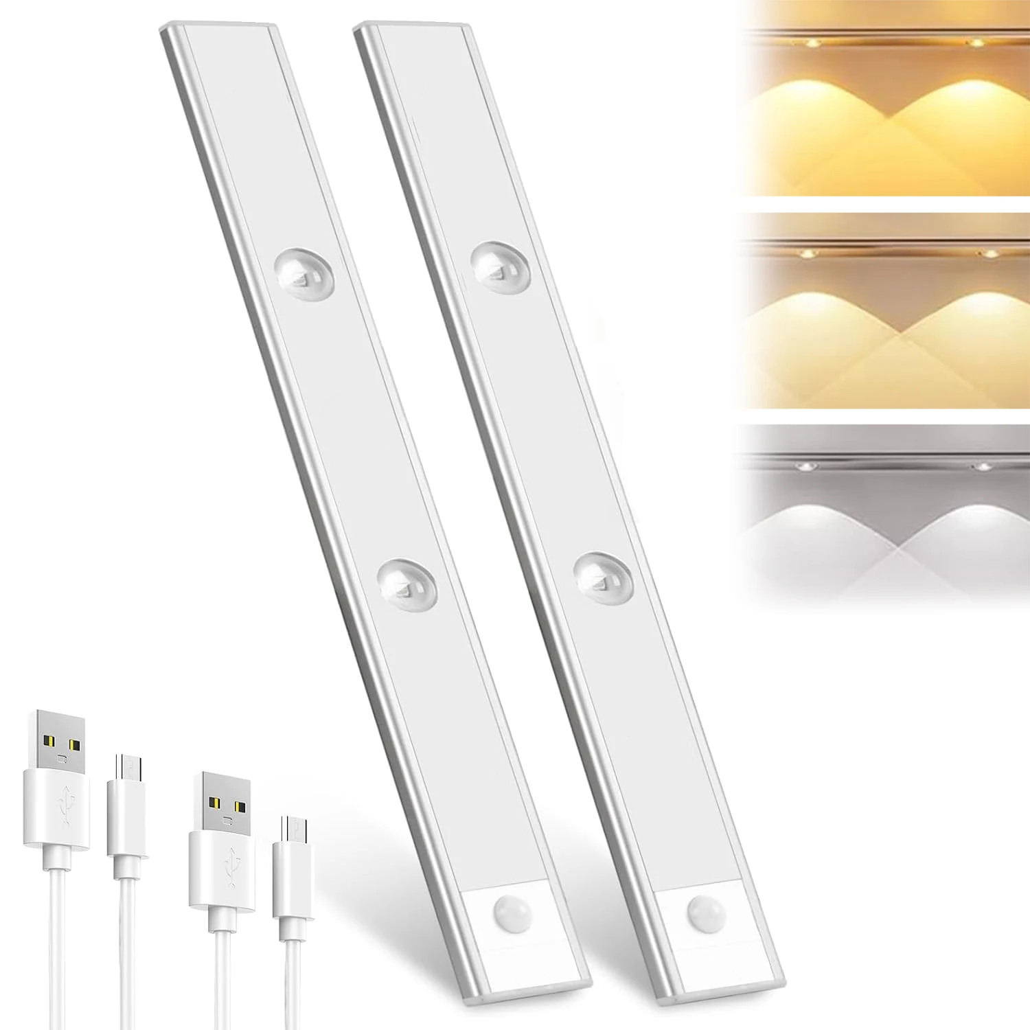 

Светодиодный светильник с датчиком движения для установки под шкаф, USB-перезаряжаемый, беспроводной ночник, 3 цвета, регулируемая яркость, для кухни, гардероба, шкафа