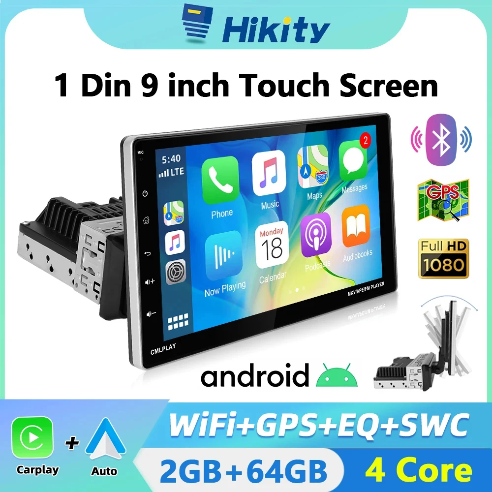 Hikity Universal 9''Car Stereo Radio 1din Android autoradio Carplay schermo girevole Bluetooth FM