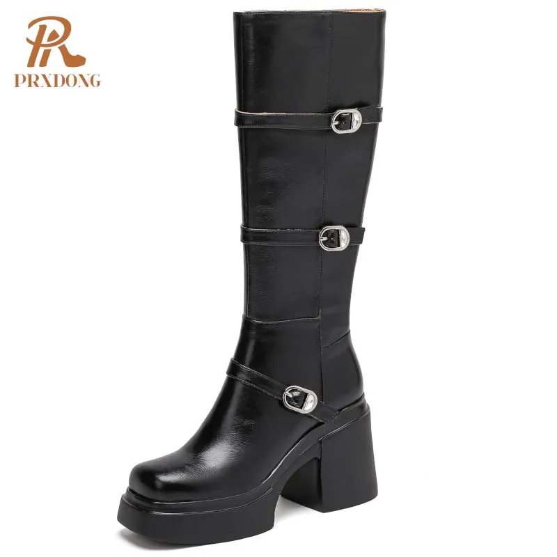 

PRXDONG 2024 New Fashion Qulaity Leather Autumn Winter Warm Knee High Boots Chunky High Heels Platform Black Apricot Punk Shoes