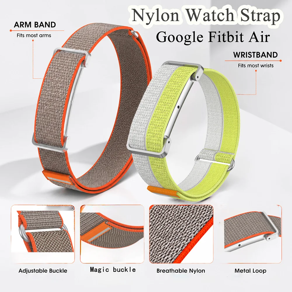 2-teiliges Nylon-Uhrenarmband mit Metallrahmen für Google Fitbit Air, Unisex, leicht, verstellbar, Sport-Ersatzarmband für Google FitbitAir