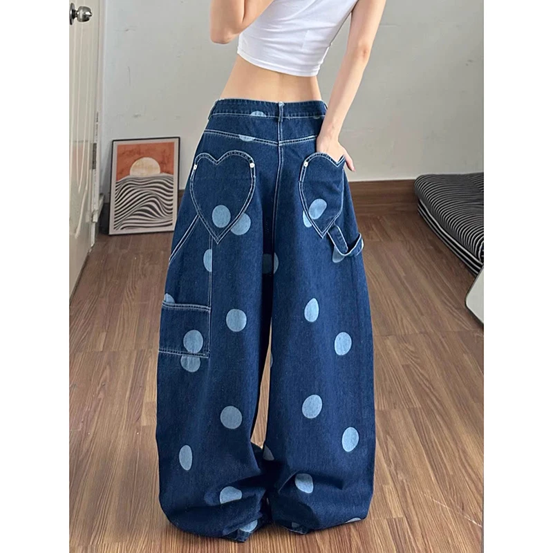 ZHIZOU Women Blue Gothic Y2k Cargo Jeans Vintage 2000s Hiphop Grunge American Style Dot Jeans Pants Baggy Wide Leg Denim Pants
