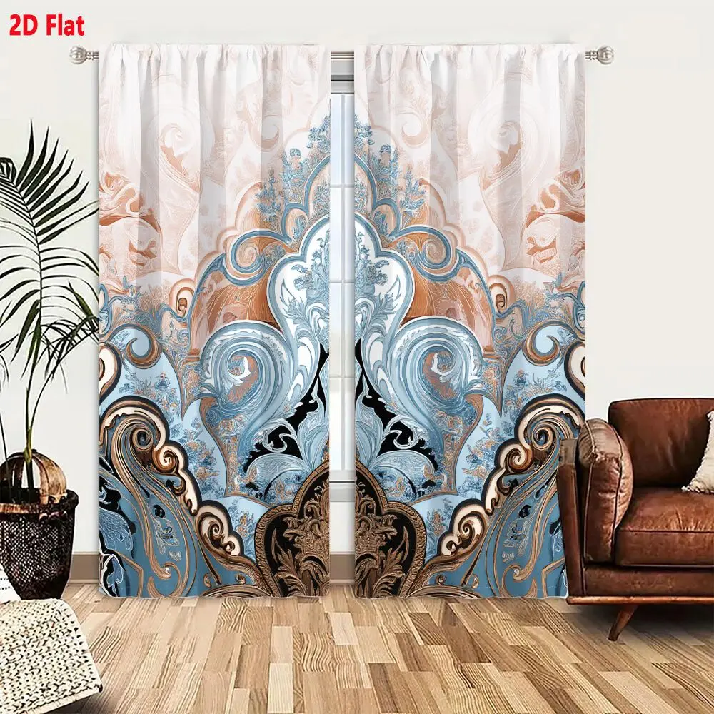 2Pcs Curtains 2D Flat Baroque Ornamental Design With Pastel Blue And Peach Tones For Wallpaper And Textile Print Window Drapes f
