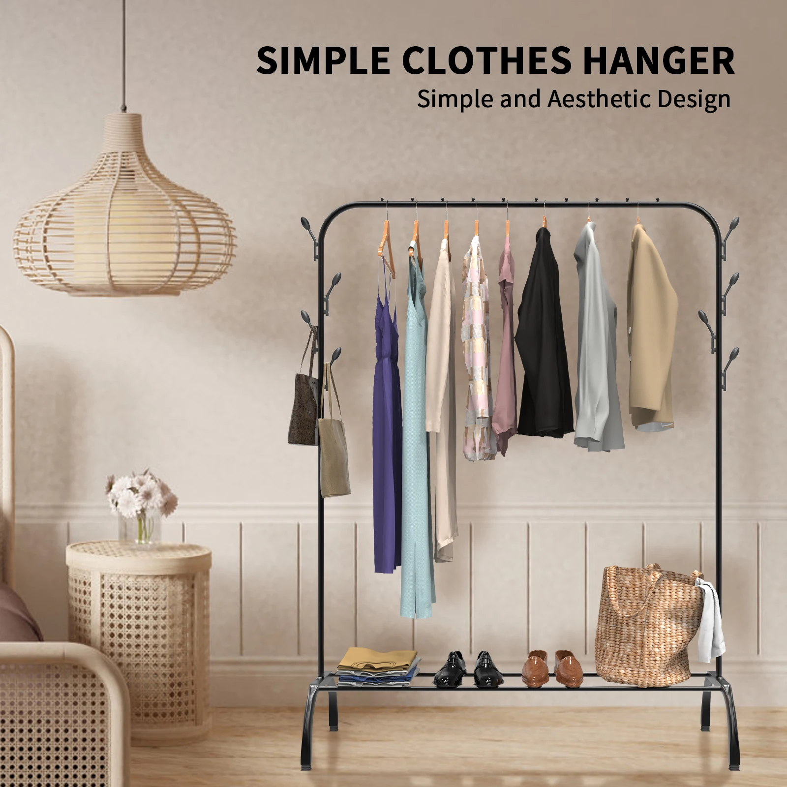 BRIEFNESS Versatile Metal Freestanding Clothes Rail Coat Stand with 8 Side Hooks Used in Bedroom and Office for Hanging Garments