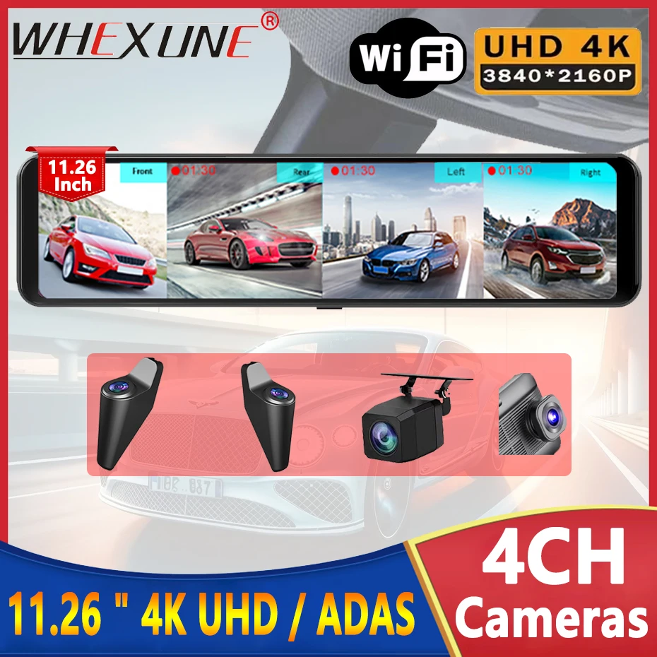 4K Dash Cam 4-Channel Record 1080P ADAS BSD Car DVR WIFI APP Rear View Mirror Auto Video Recorder Camera Ultra HD 24H Parking