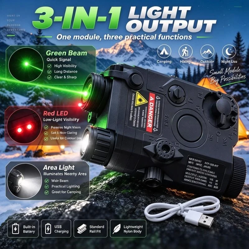 Nylon Multi-Function Lighting Module with Green Beam, RedLED, Internal Battery, Compatible Standard Rail, Outdoor Camping Supply