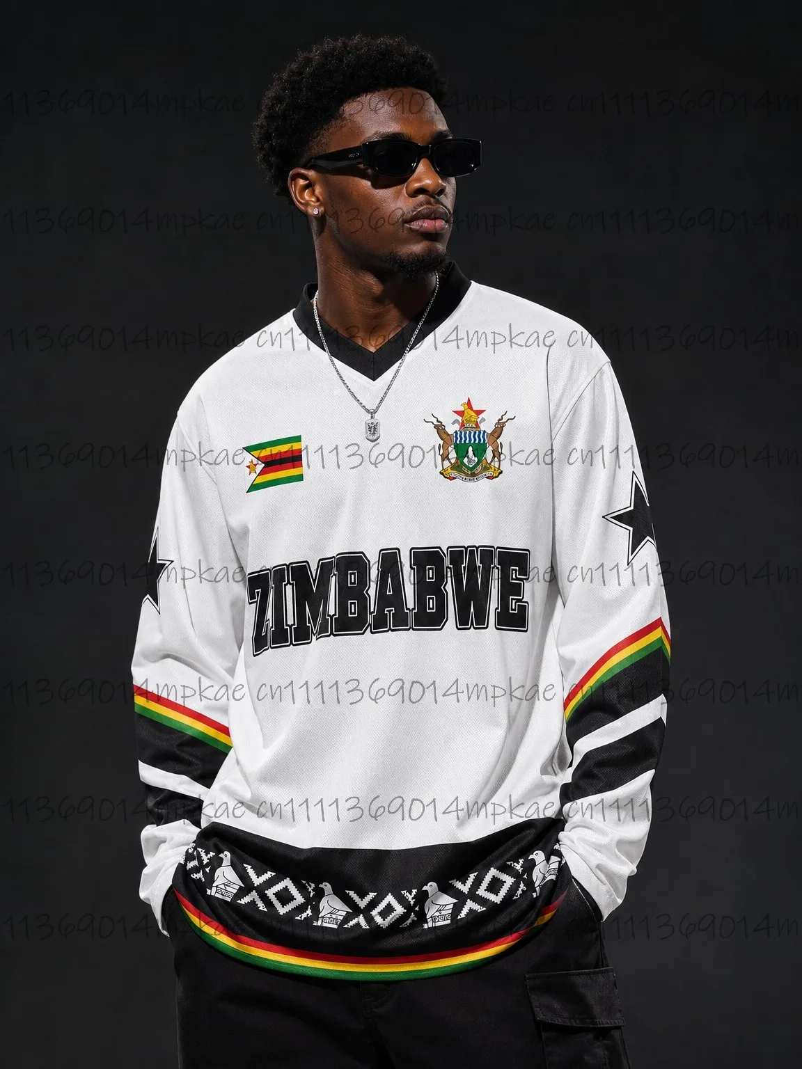 Autumn Zimbabwe Ethnic Street Style Printed Men's V-Neck Long Sleeve T-Shirt, Fashionable Loose Retro Sports Shirt, Men's Top
