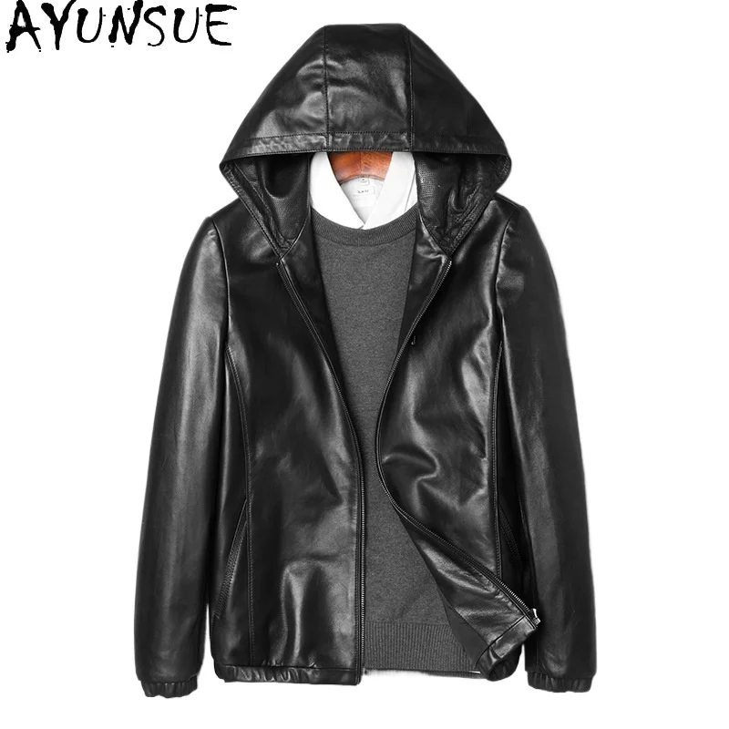 

AYUNSUE Top Layer Sheepskin Genuine Leather Jacket Men Hooded Short Casual Korean Style Real Leather Coat Man Clothes Outerwear
