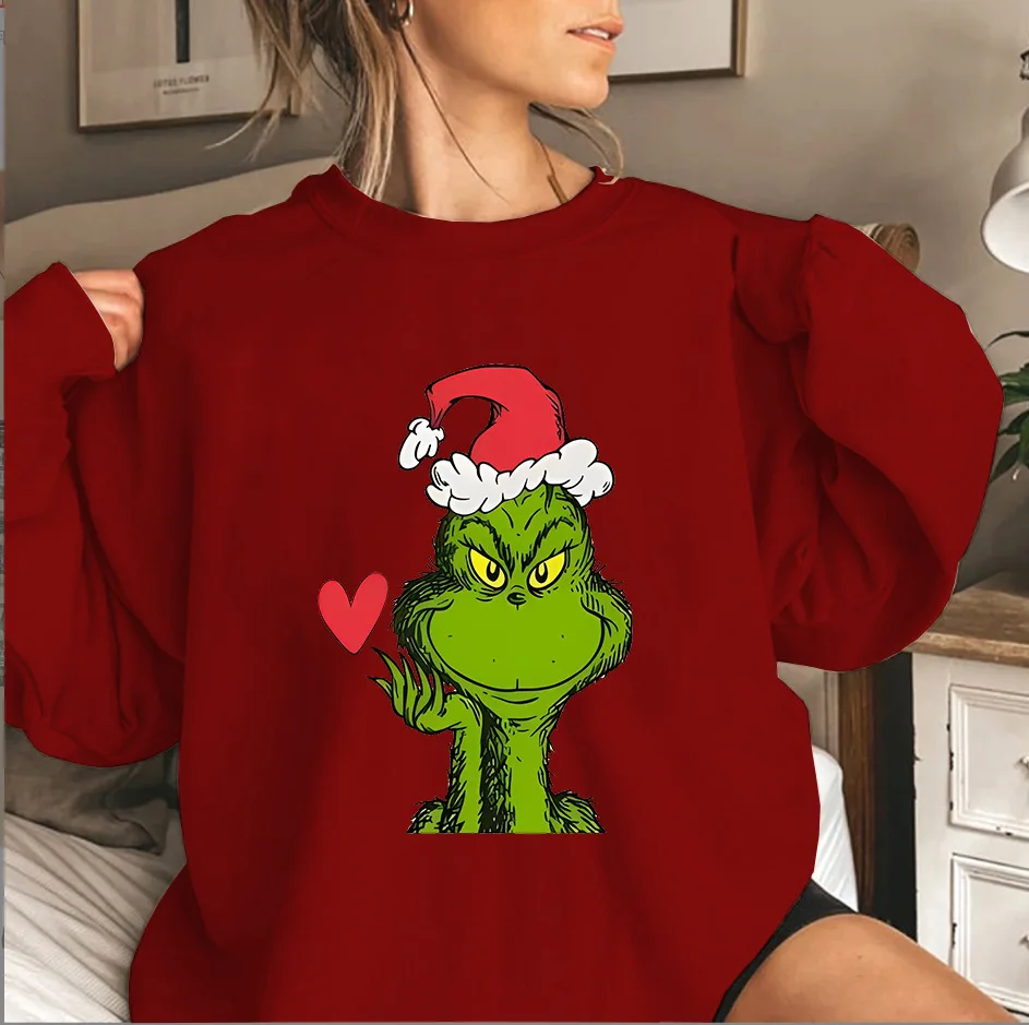 حار بيع الموسم الحجم الأوروبي الأخضر غرينش عيد الميلاد سترة جولة الرقبة المطبوعة قبعة قميص ألياف البوليستر عارضة فضفاض...