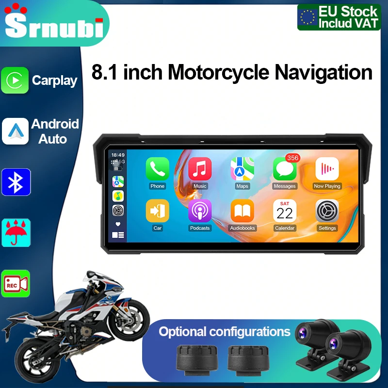 Image of Srnubi 8,1-Zoll-Touchscreen 4K DVR Tragbare GPS-Navigation Kabelloses CarPlay IP67 Wasserdicht Staubdicht Für Universelle Motorräder