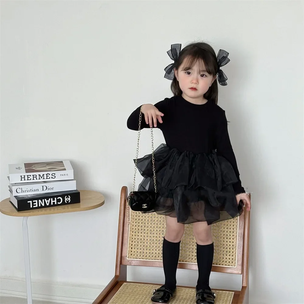Girls Long Sleeved Dress 2025 Spring New Korean Fashion Splicing Mesh Charm Pong Princess Dress Kids Clothes