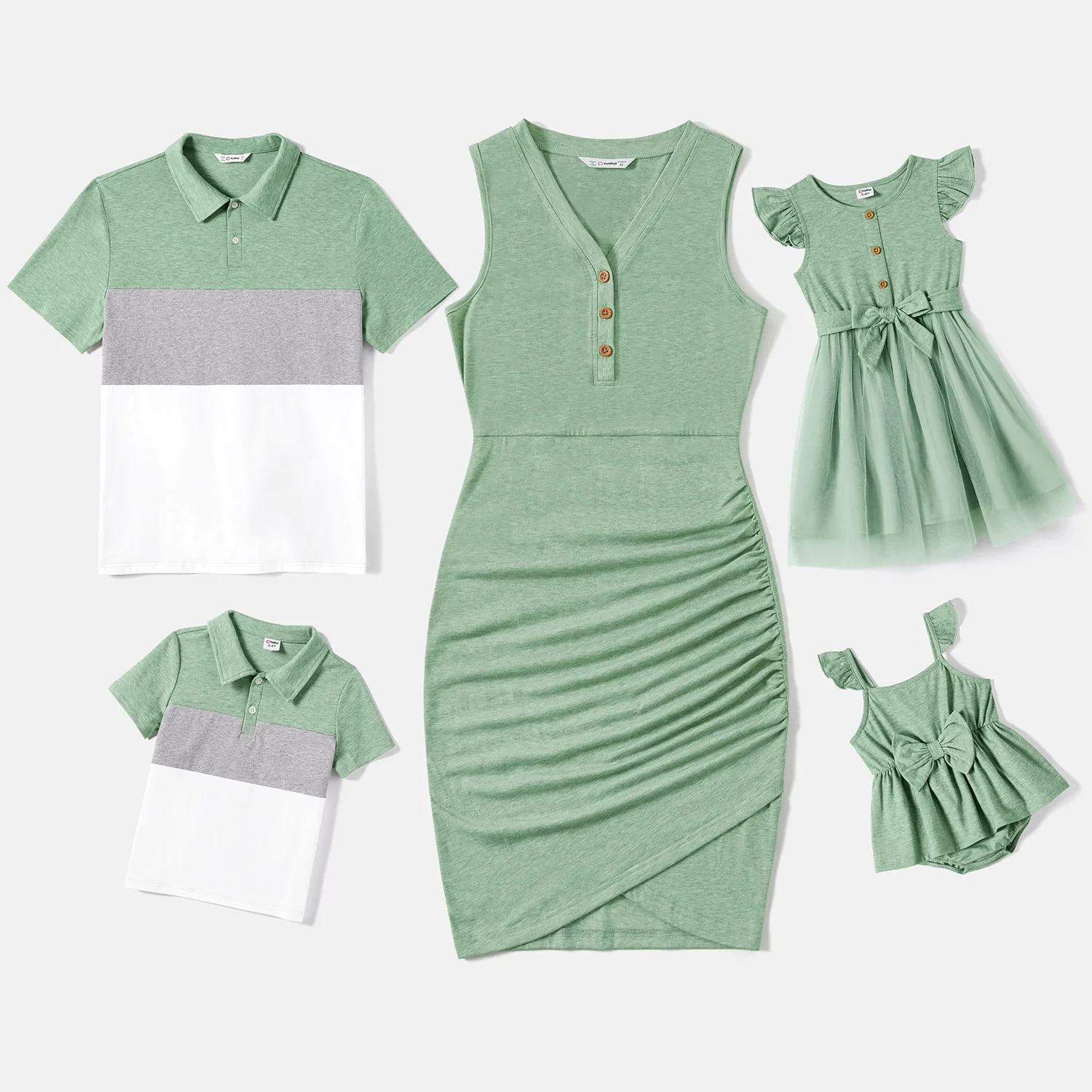 PatPat Family Matching Button Half Placket Ruched Tank Dresses and Colorblock Polo Neck T-shirts Sets Suitable for Summer Season