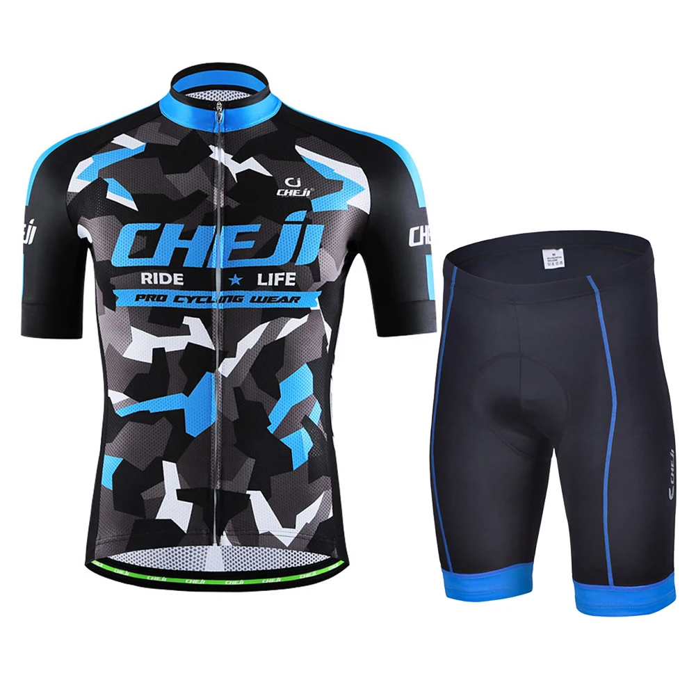 Quick-dry Mens Riding Wear Short Sleeve Cycling Jersey Set Sunscreen Pro Team MTB Bicycly Biking Tops+3D Cushion Shorts