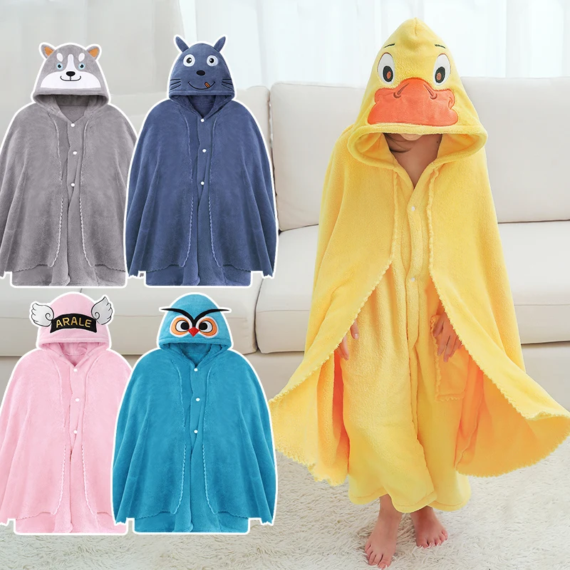 Children Bathrobe Absorbent Warm Baby Bath Robe Winter Pajamas Kids Shower Hooded Towel Girl Poncho Towels Boy Wearable Blanket