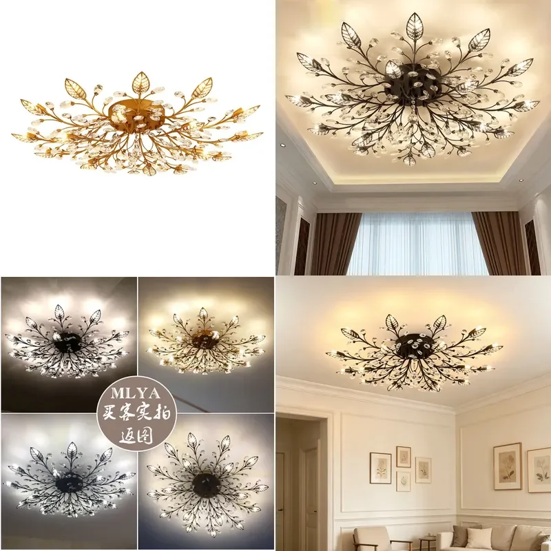 Modern Crystal Flower Ceiling Light LED Fixture for Living Room Bedroom Dining Area European Style Decor