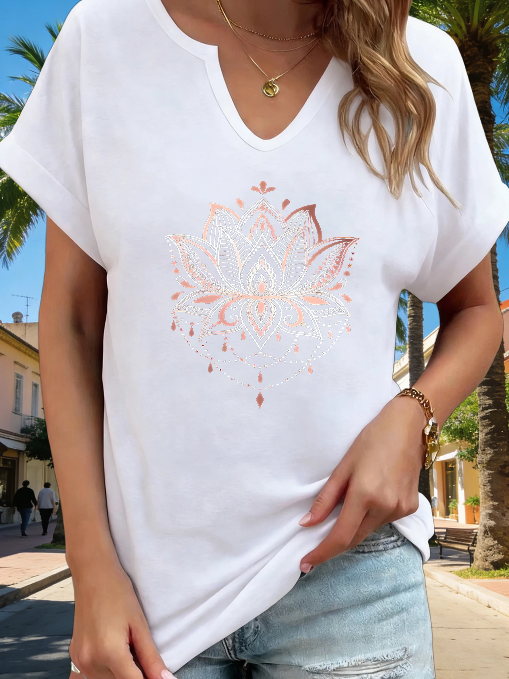 Women's V-Neck Mandala Lotus Graphic Tee, Boho Floral Print T-Shirt, Casual Loose Short Sleeve Daily Fashion Top