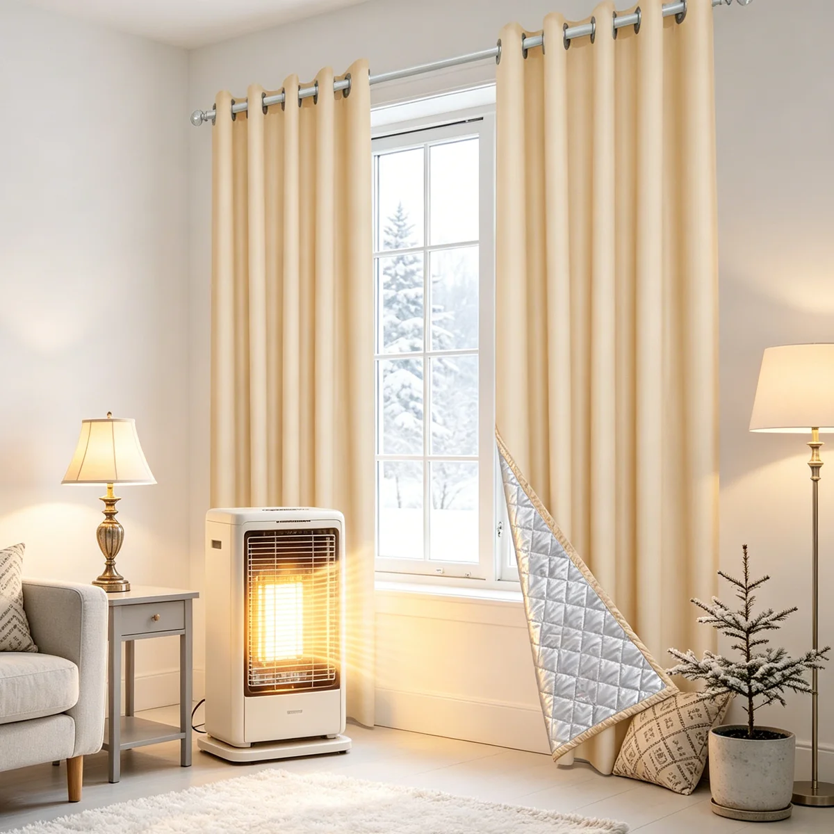 Triple Layer Thermal Cold Barrier Curtain, Plain Front Quilt Lining Windproof Grommet Drape, Heat Retain Sound Insulate Winter H