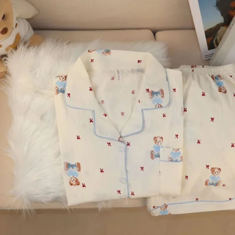 귀여운 잠옷 숙녀 구름 면화 곰 짧은 소매 반바지 카디건 옷깃 만화 플러스 사이즈 유럽 소녀의 사계절 잠옷