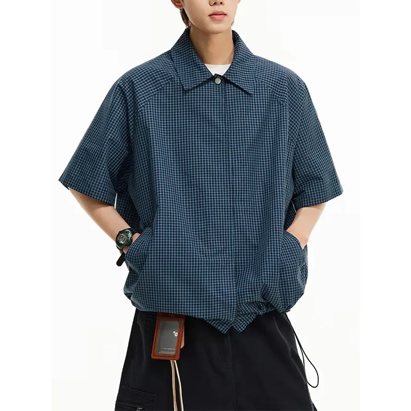 Premium Men's Casual Blue Plaid Short Sleeve Shirt – Loose Fit Cityboy Spring Summer Trendy Pleated Polyester Fiber Jacket