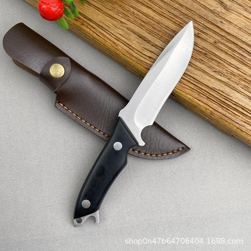 Solid wood handle +D2/Laser feather pattern outdoor knife handmade knife fruit knife high hardness straight knife