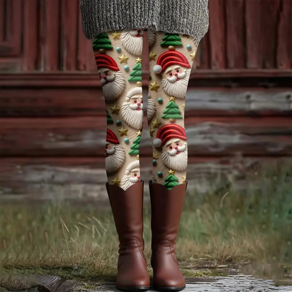 

Women's Santa Claus print leggings, made of polyester and spandex blend fabric with elastic waist for autumn and winter.
