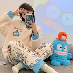 New Kawaii Sanrio Hangyodon Kuromi Pajamas Thick Flannel Round Neck Home Clothing Long Sleeved Top Pants Set Girl Christmas Gift