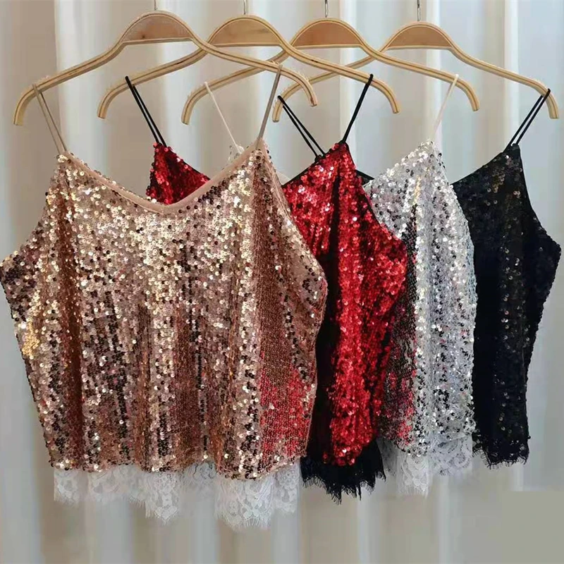 Sexy Glittering Knitted Tank Tops Women Camisole Vest Gold Thread Top Vest Sequined Stretchable Slim Tops