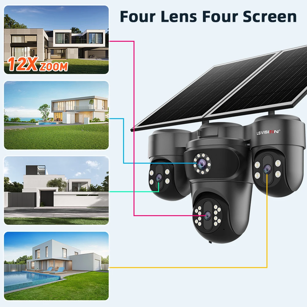 LS VISION Four Screens Camera Outdoor House Surveillance Cameras  4G SIM Wireless Camera Humanoid Automatic Tracking Ai Zoom