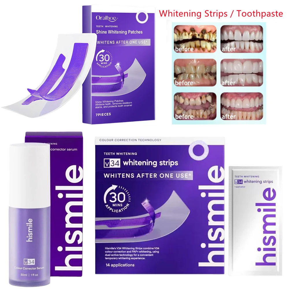 V34 Purple Teeth Whitening Strips Remove Plaque Stains Hismile 30ml Brighten Teeth Toothpaste Reduce Sensitivity Oral Care