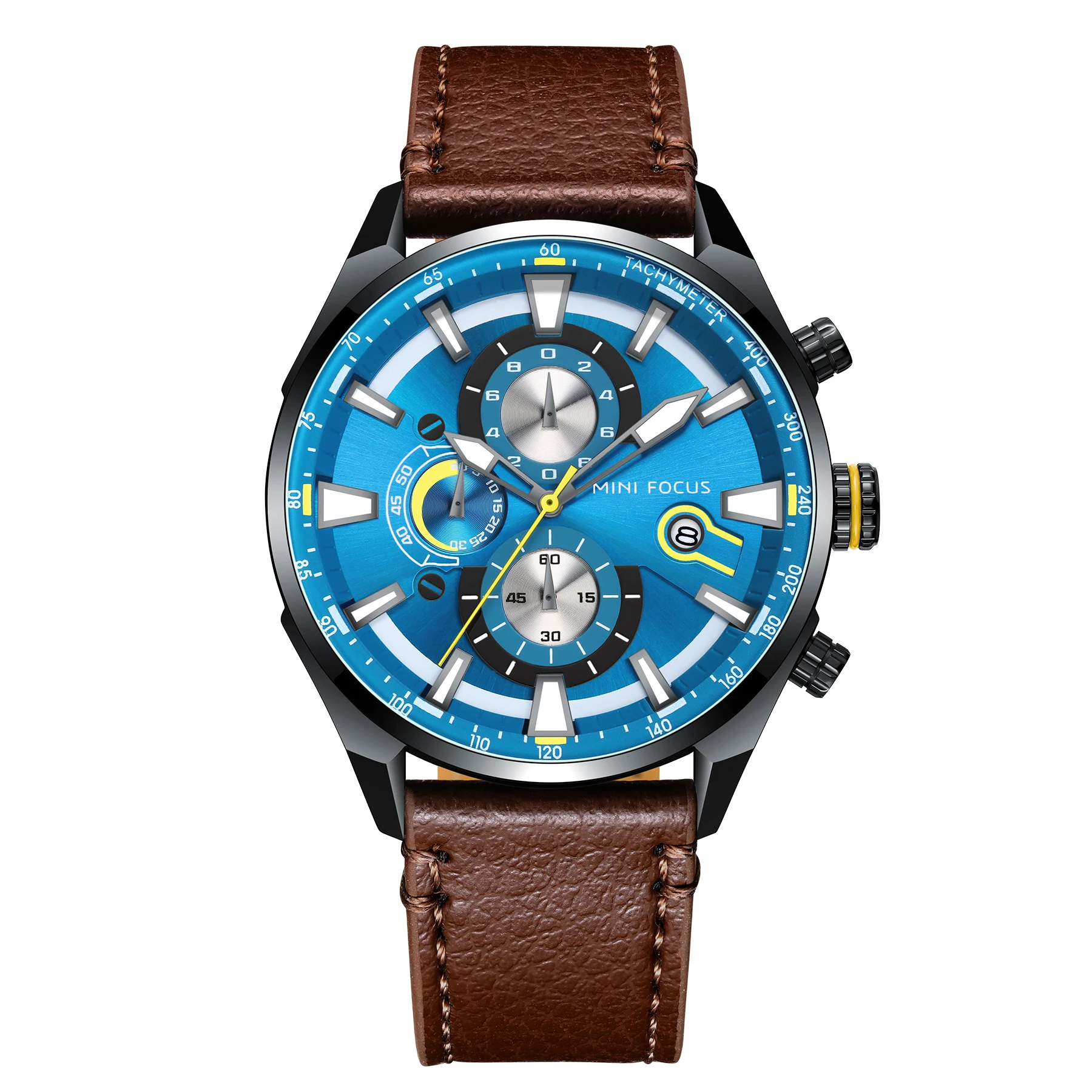 New Launch Mini Focus MF0202G Stylish Trendy Men Quartz Watches Leather Strap Chronograph Tachymeter Waterproof Watch