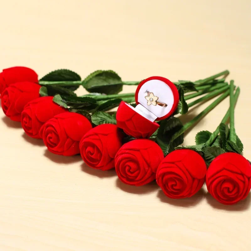 1/10pcs Velvet Rose Flower Ring Box Romantic Red Rose Jewelry Display Holder Box Bridal Wedding Engagement Ring Storage Case