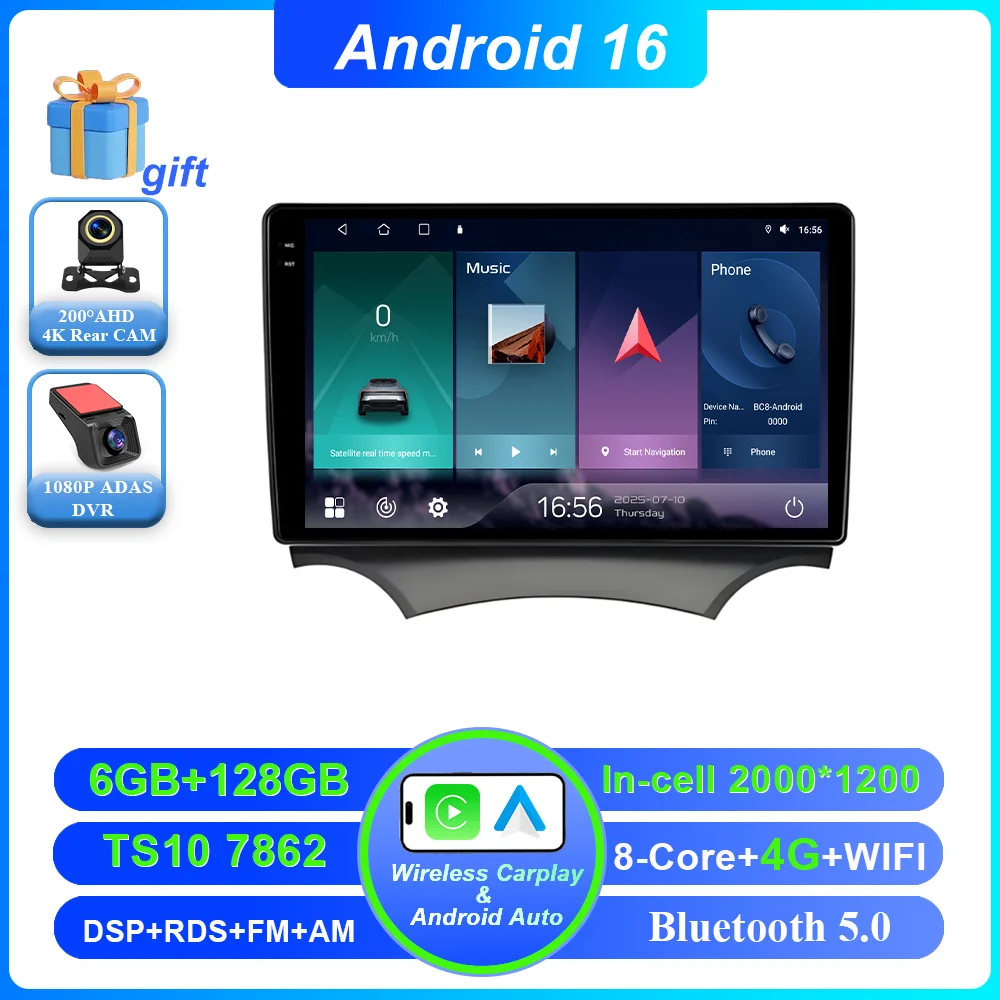 Android 16 Carplay voor Ford Ka 2008 - 2014 autoradio stereo multimediaspeler videospeler GPS navigatie QLED touchscreen 4G DSP