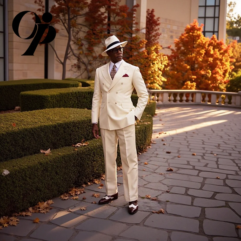 

2-Piece Suit Slim Fit Double Breasted Traje para Hombre for Wedding Prom Off-White Peaked Lapel Formal Business Suit Customized