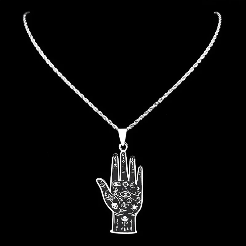 Witch Palmistry Talisman Hand Pendant Necklace for Women Men Stainless Steel Palm Pendant Necklaces Jewelry Gifts collar