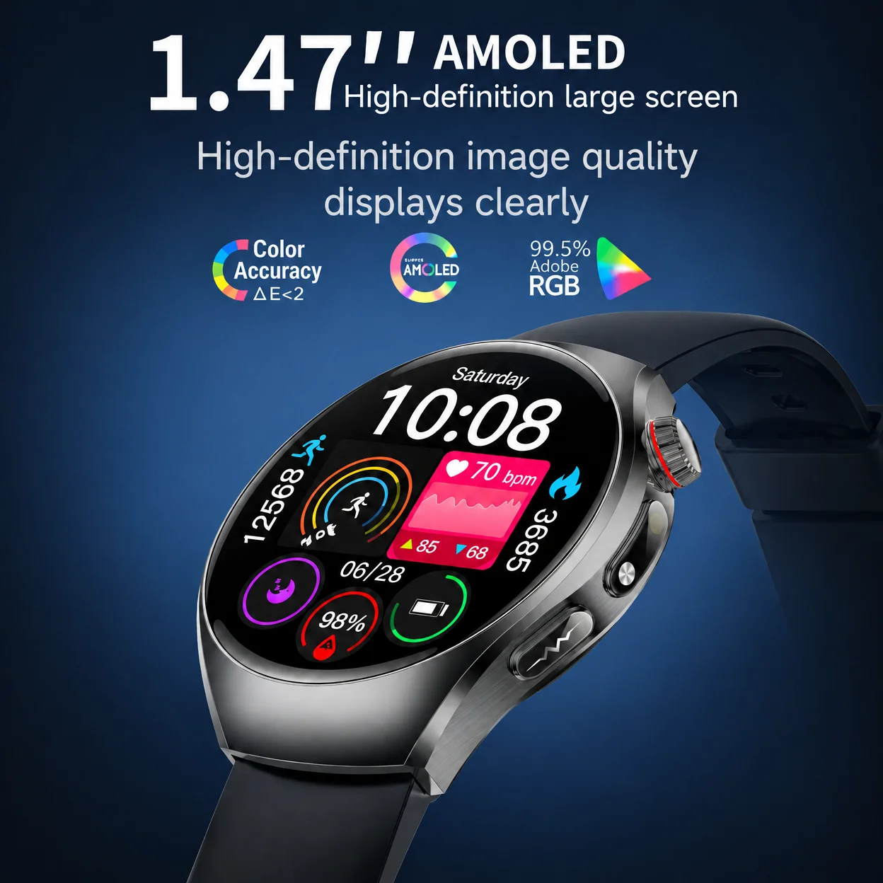 Reloj inteligente con funciones de monitorización de la salud: pantalla AMOLED de 1,43 pulgadas, ECG, medición de la presión arterial, SpO2, nivel de ácido úrico, lípidos, grasa corporal, índice de masa corporal (IMC), Bluetooth, función de llamada, botón SOS, para hombres y mujeres.