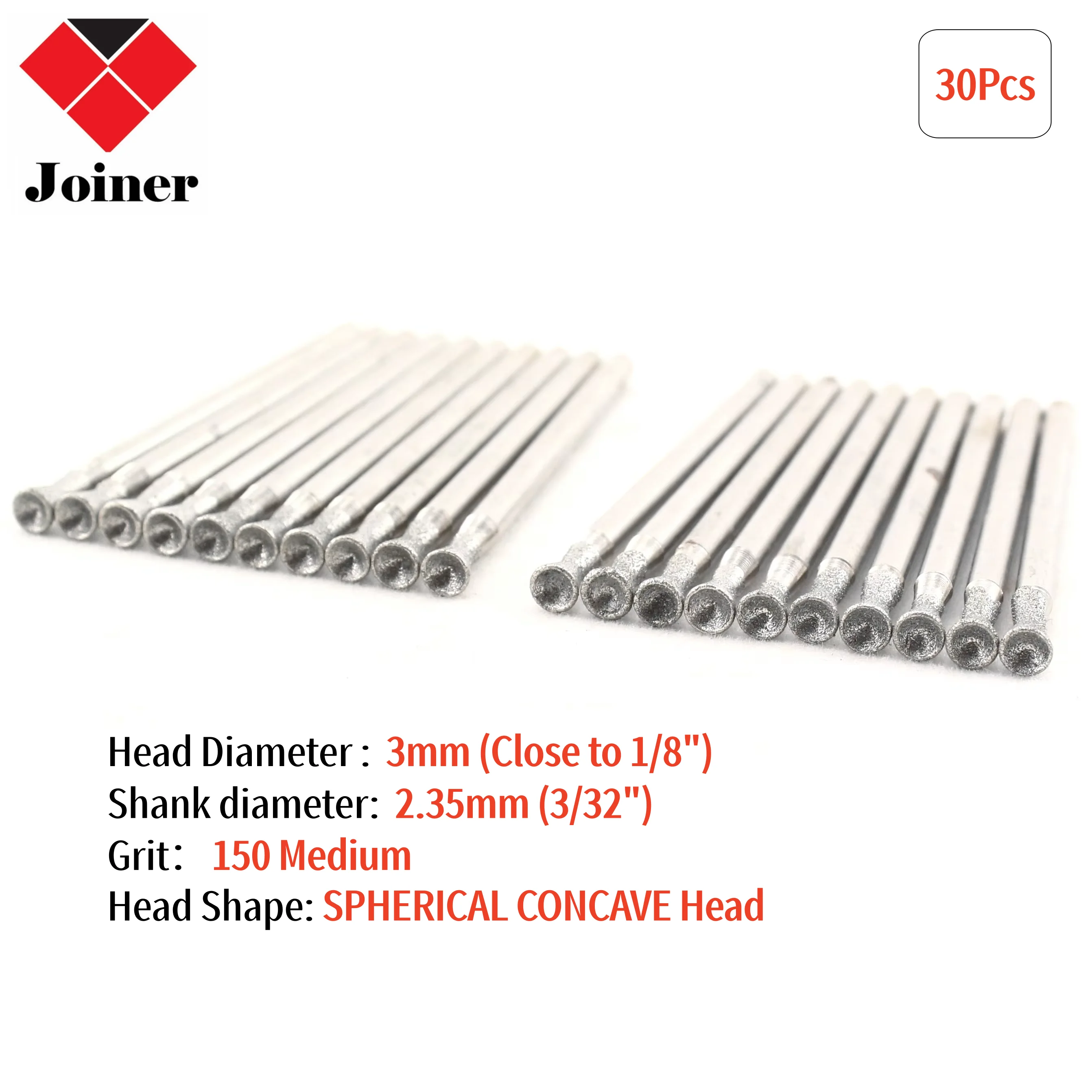 30 Pcs Bur Diamond Grinding Head 3mm 1/8