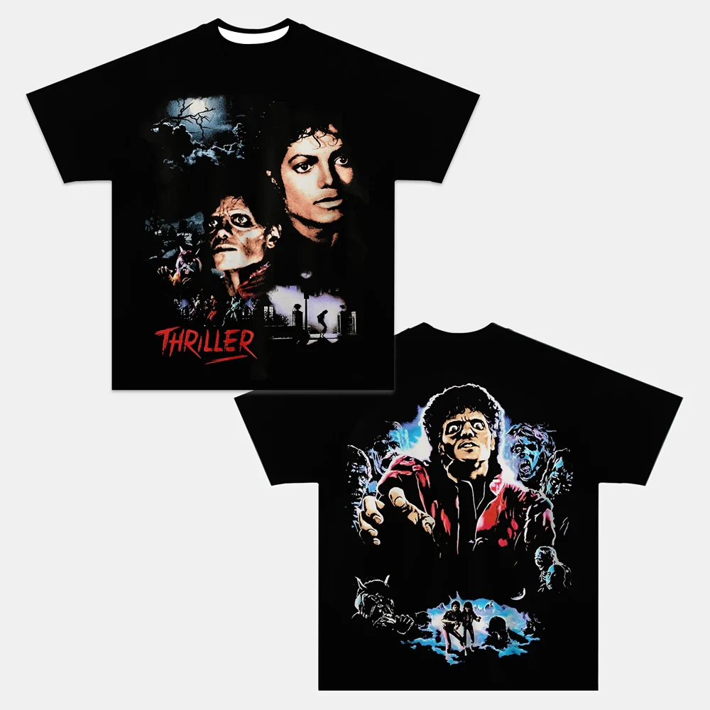 Camiseta con estampado doble de música Thriller Horror para hombre, camiseta informal negra con arte de álbum icónico vintage para fanáticos de los éxitos clásicos
