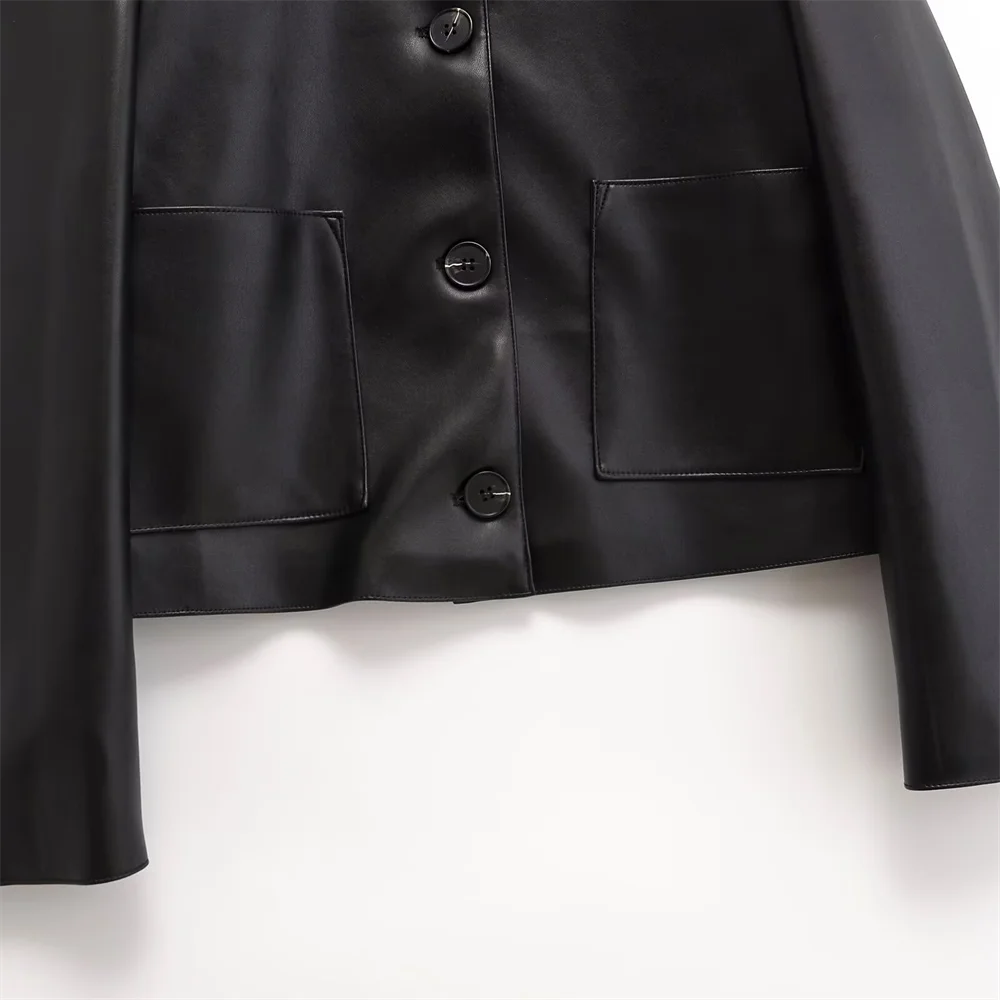 PB&ZA2024 Autumn New Women\'s Fashion Style Casual Versatile Solid Color Single breasted Collar Leather Jacket
