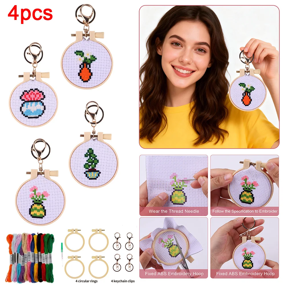 4Pcs Embroidery Beginner Kits DIY Cross Stitch Set Embroidery Starter Kit Portable Needles Remover Threading Tool With Hoop Kids