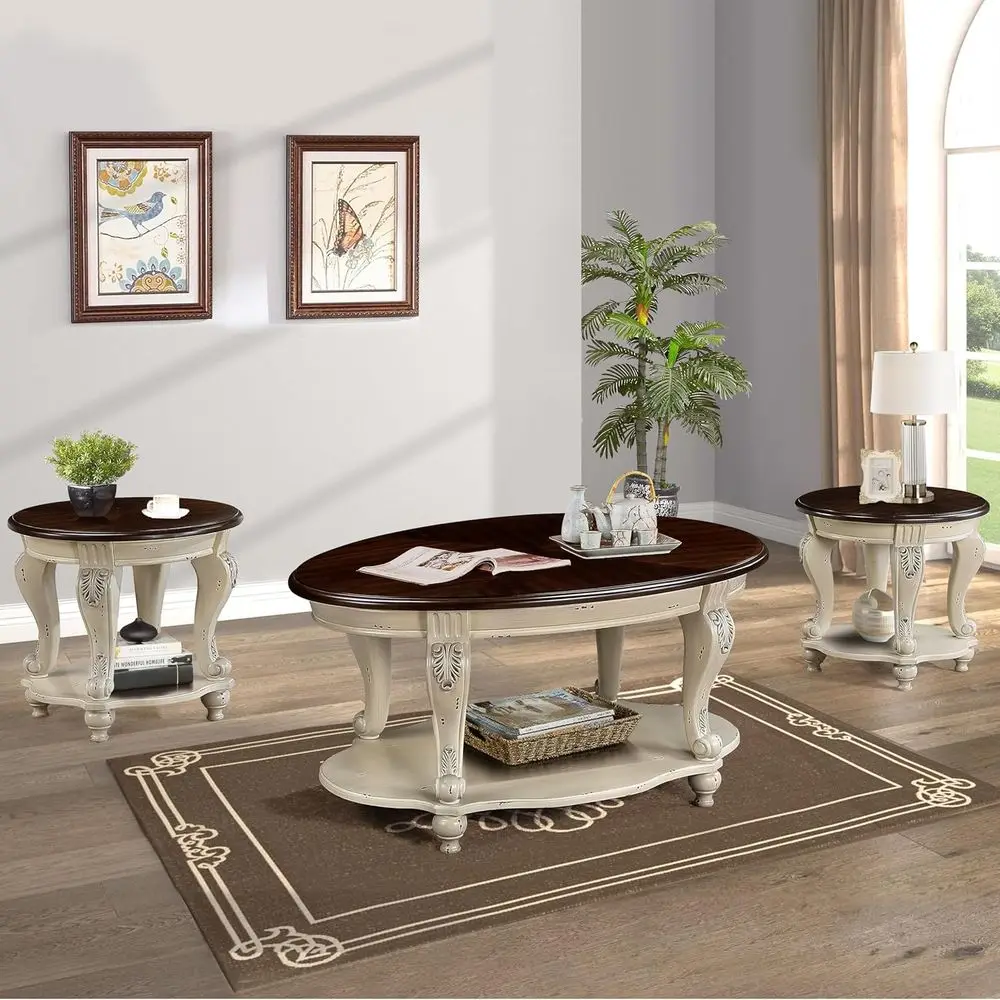 

3-Piece Solid Wood Coffee and End Table Set with Open Storage, Living Room Furniture in Office Apartment Beige