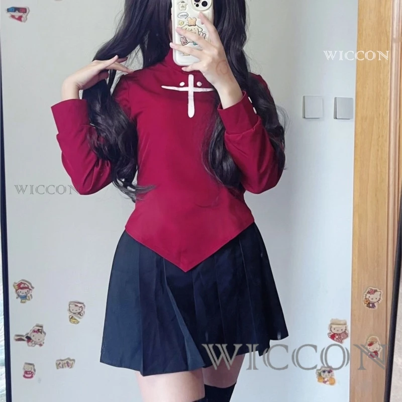 Fate Stay Night Tohsaka Rin Косплей Костюм Длинный Парик Красная Черная Юбка Комплект для Женщин Карнавальный Костюм Ролевые Игры Платья Хэллоуина