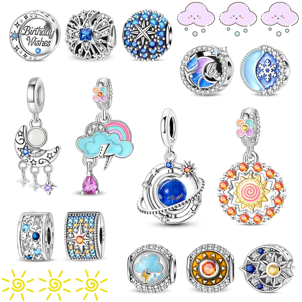Shining 925 Sterling Silver Lightning Cloud Star Moon Sun String Decoration Fit DIY Bracelet Necklace Premium Gifts