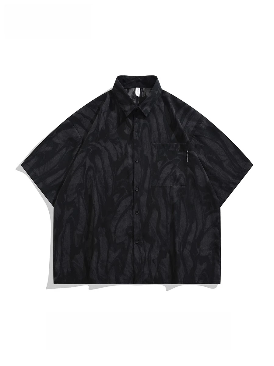 

Hong Kong Style Retro Ink Dyed Short-sleeved Shirt Dark Fashion Trend Ice Silk Draped Casual Men Women's Shirt Aesthetic Chic