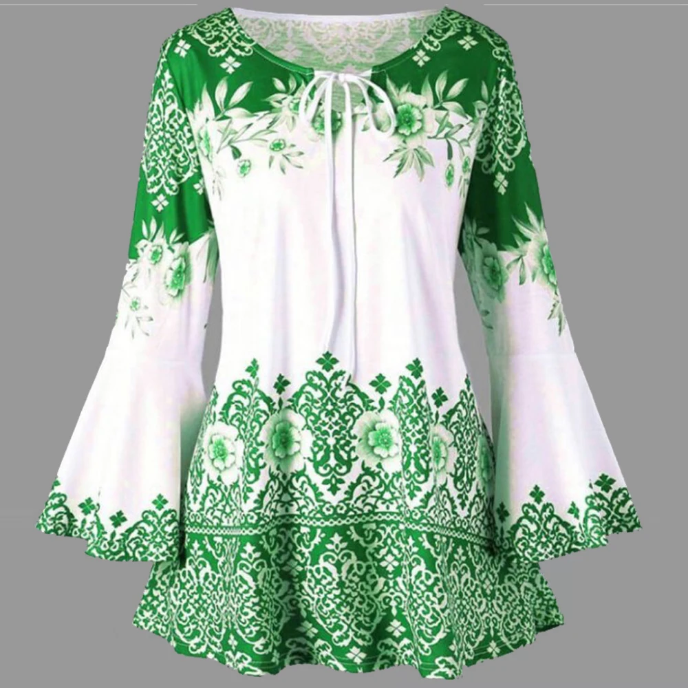 5XL Plus Size T-Shirty Dla Kobiet Vintage Printed Tunic Blouse Oversize Top Fashion Flare Sleeve Floral Printing Shirts Femme