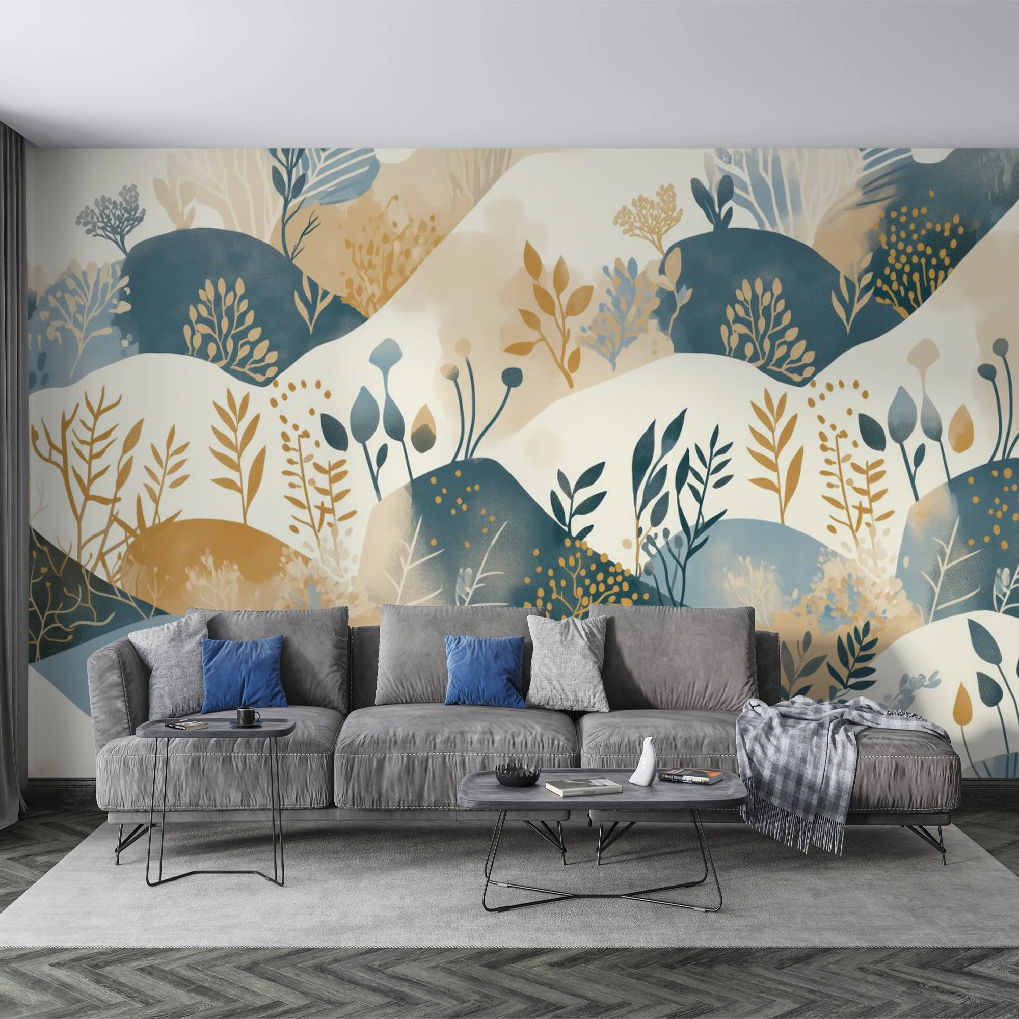 Custom Mural Wallpaper Abstract Boho Mountain Leaf  Mural, Blue Beige Botanical Wall Paper for Living Room Bedroom Home Decor