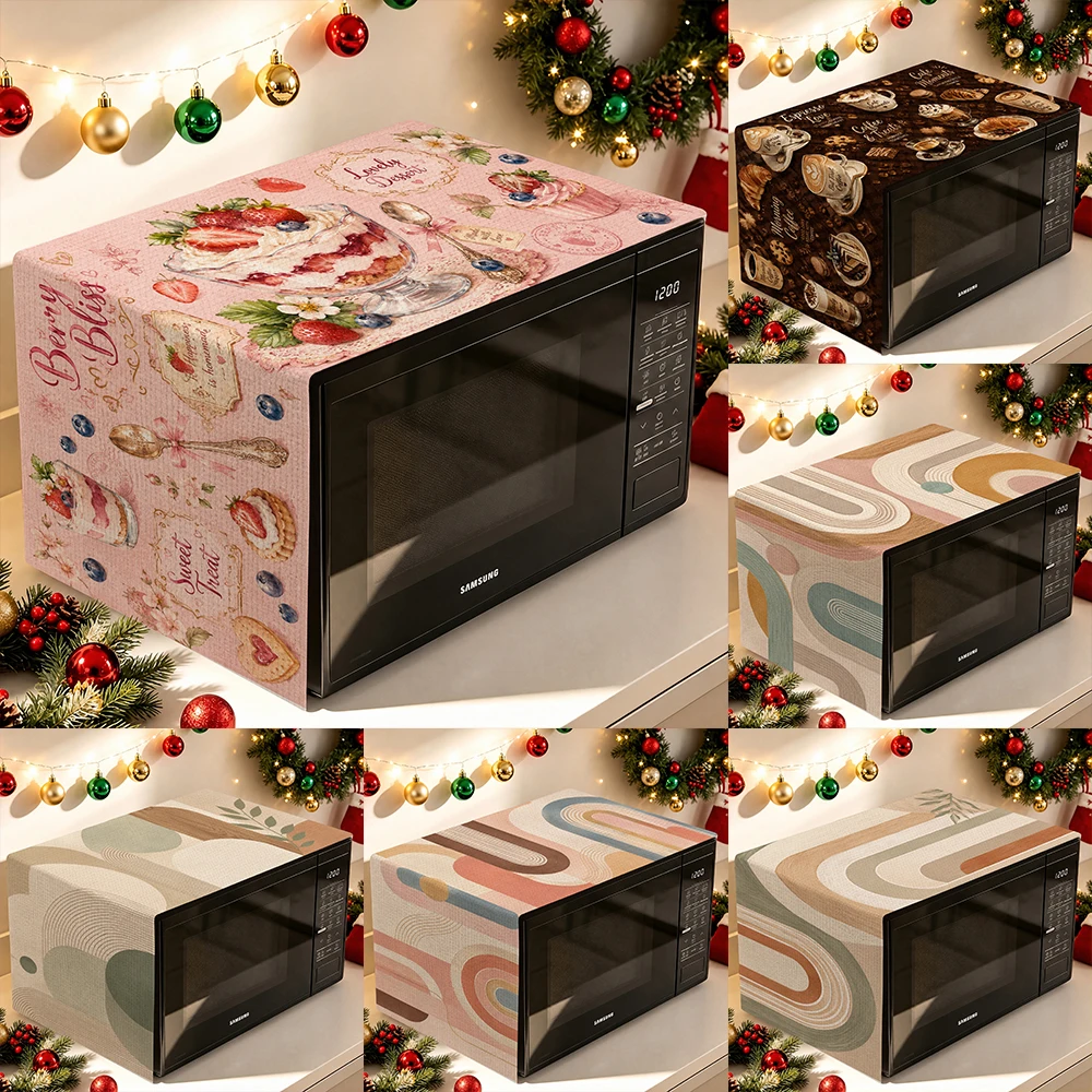 1pcs Christmas Decor Microwave Oven Cover, Retro Floral Geometric Coffee Dessert Print Dustproof Protector For Kitchen Counter