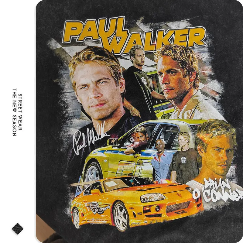 Paul Walker Print T-Shirt Actor Walker IV Fast & Furious Tops Tees Vintage Washed Short Sleeve Oversized T-shirt Streetwear Men