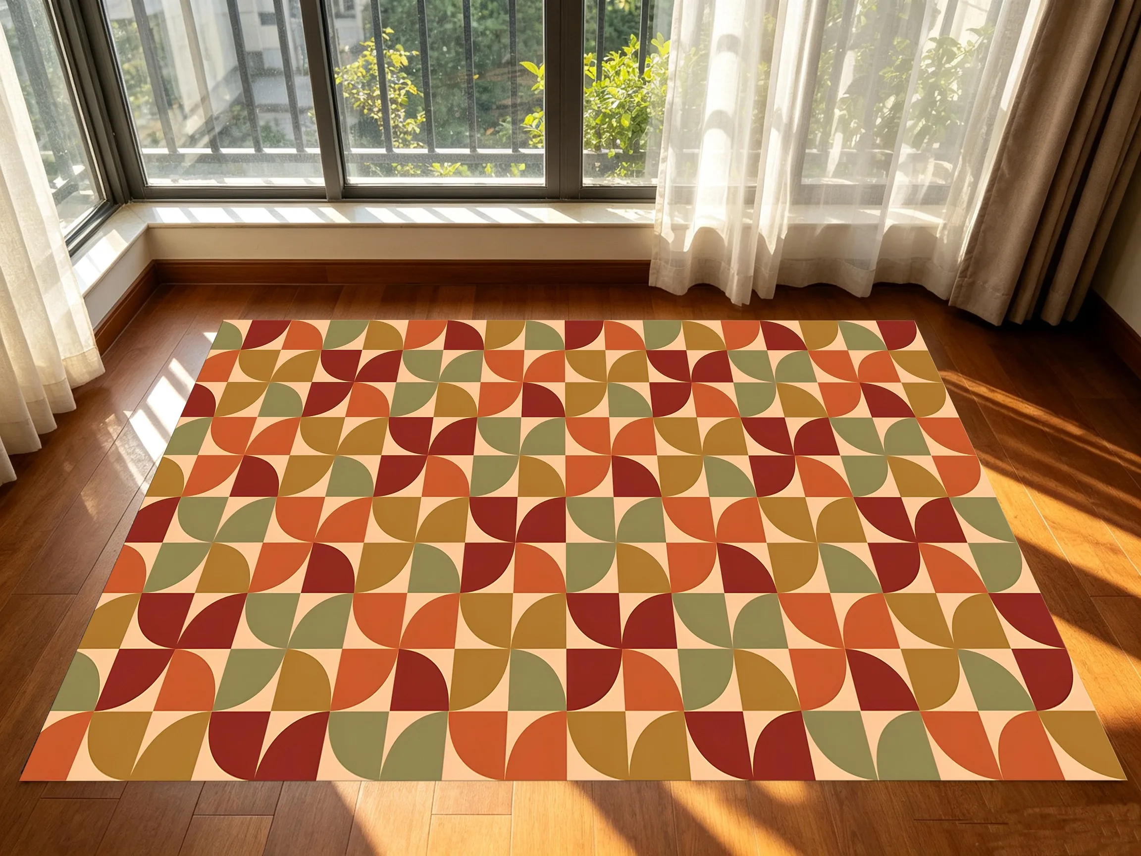 Retro Color-Blocked Semi-Circular Geometric Velvet Rug, Warm Christmas & New Year Decor for Living Room & Bedside