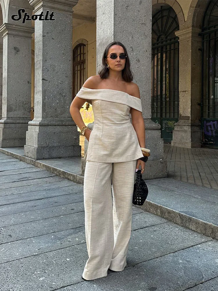 

Women Off Shoulder Solid Cotton Linen Pant Suit Elegant Chic Side Slit Tops Wide Leg Long Pants Set Office Lady Commuting Outfit