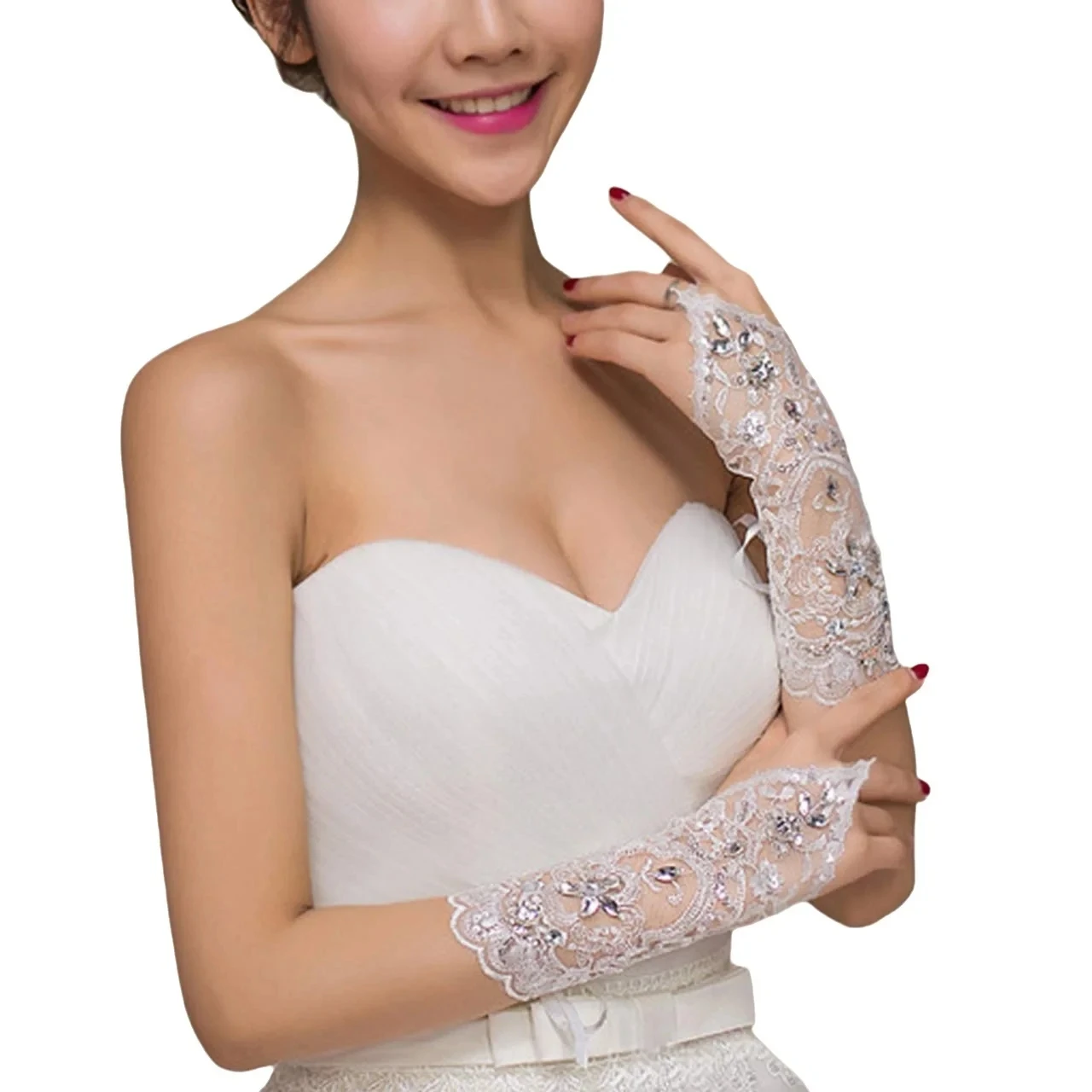 Elegant Women' Wedding Lace Gloves Bridal Fingerless Crystal Sequins White Hook Finger Drawstring Gloves Marriage Accessories